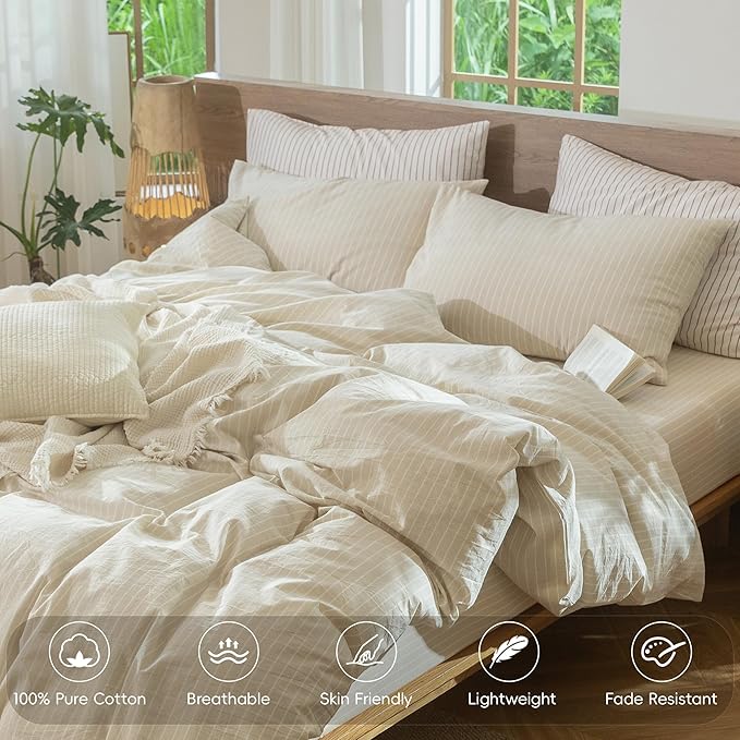 MooMee Striped Duvet Cover Set 100% Washed Cotton Linen Like Textured Breathable Durable Soft Comfy (Almond Milk Grey White Wide Stripes, Oversized Queen 98"x98")