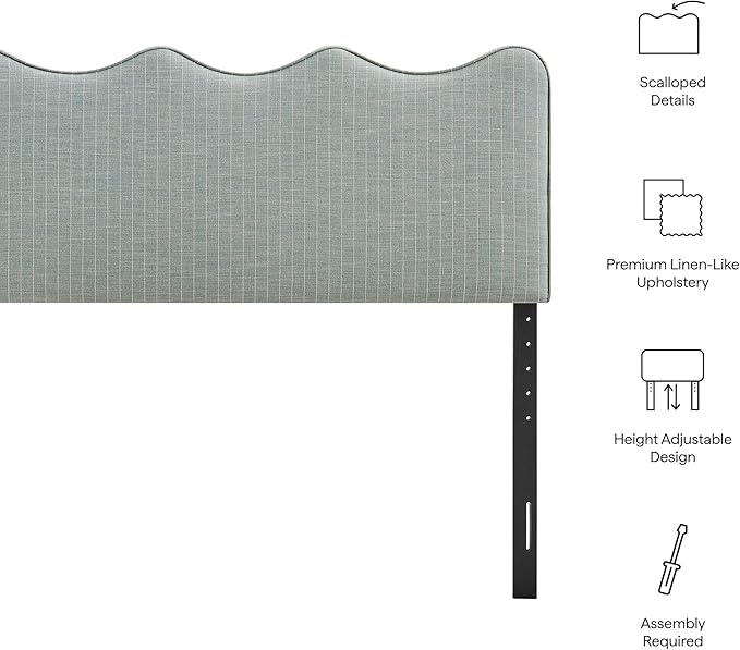 Monday Athena Striped Fabric Upholstered King Size Adjustable Headboard in Spa Blue Stripe - with Scalloped Wave Design and Soft Linen-Like Fabric