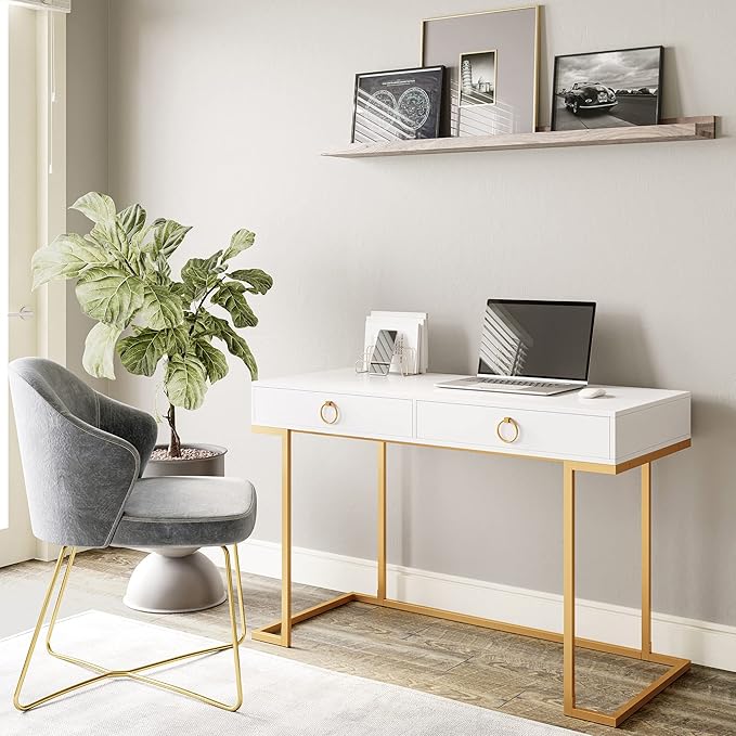 BELLEZE Vanity Desk with 2 Drawers, 45 Inch Computer Desk Mordern Vanity Makeup Dressing Table Home Office Desk Laptop Study Writing Table with Gold Metal Frame, White