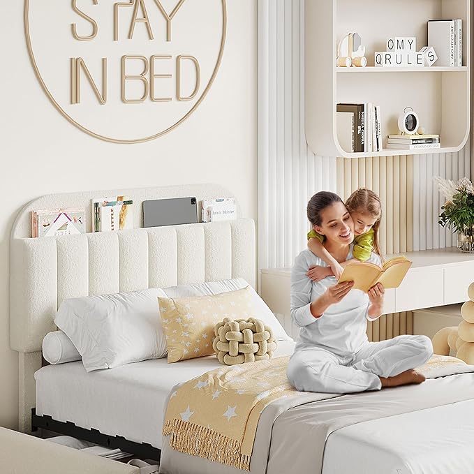 Garvee Twin XL Size Bed Frame with 2 Flexible Drawers, Boucle Upholstered Platform Bed Frame with Bookcase Headboard, Bedframe for Kids/Girls, Easy Assembly, No Box Spring Needed, Noise Free, Beige