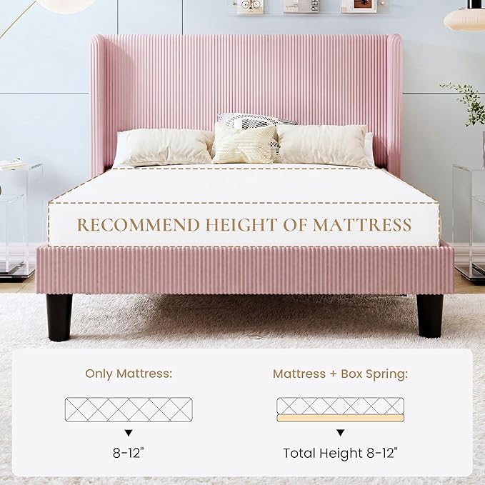 SHA CERLIN Full Size Corduroy Upholstered Platform Bed Frame with Vertical Channel Tufted Wingback Headboard, 8" Under Bed Storage, Wooden Slats & Metal Frame Support, Easy Assembly, Light Pink