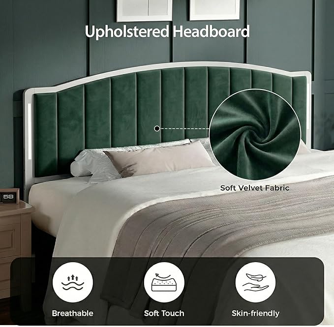 Headboard for King Size Bed with LED Lights, Upholstered Vertical Channel Tufting Head Boards, Velvet Headboard Only, Study & Comfortable, Ideal for Bedroom, Dorm, Guest Room, Green