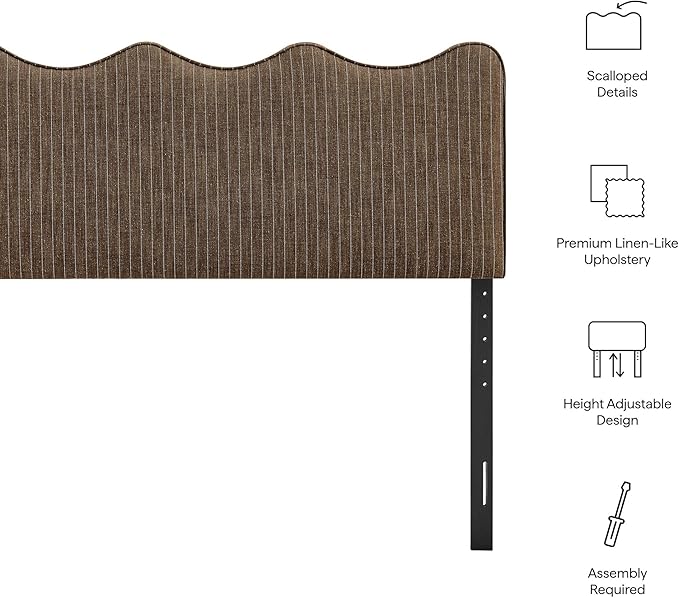 Monday Athena Striped Fabric Upholstered Full Size Adjustable Headboard in Earth Stripe - with Scalloped Wave Design and Soft Linen-Like Fabric