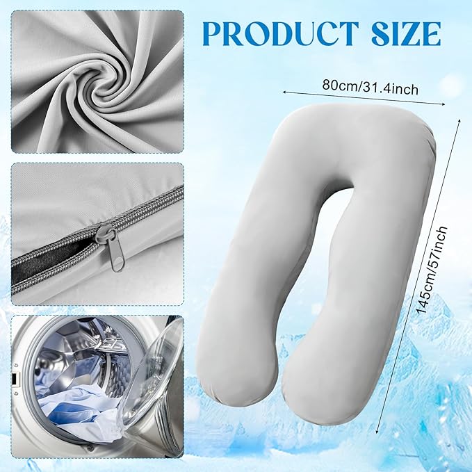 Hahafelt Cooling Pregnancy Pillow Cover (Only Pillowcase) 57 Inch Large U Shaped Full Body Pillowcase Maternity Stretchy Soft Breathable Cool Pillow Cover with Zipper for Side Sleeper (Gray)
