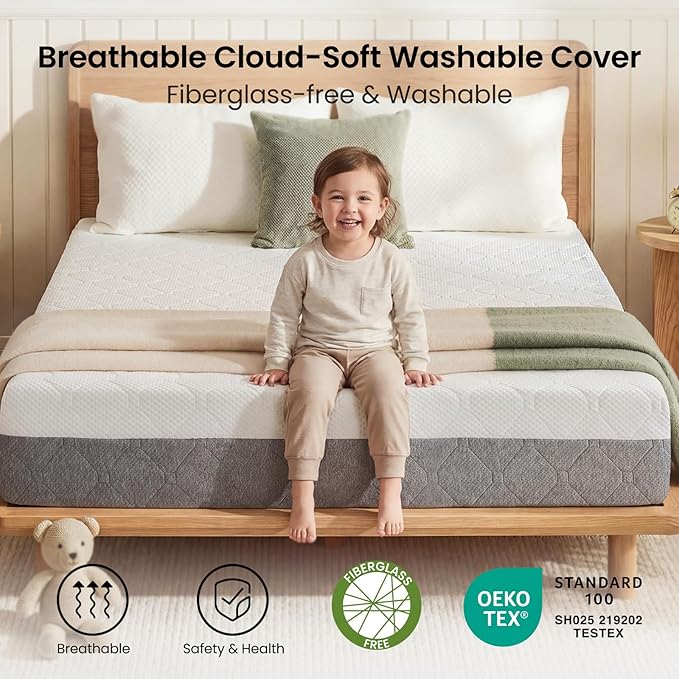 Twin Mattress for Kids 5-Inch: Medium Firm Memory Foam for Zoned Pressure Relief, Cooling Green Tea Gel-Infused, Washable Fiberglass Free Cover, CertiPUR-US Oeko-Tex Certified, Made in USA 75x38