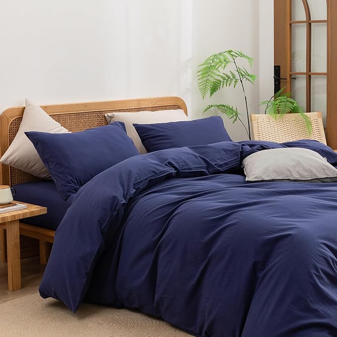 BESTOUCH Duvet Cover Set 100% Washed Cotton Linen Feel Super Soft Comfortable Chic Lightweight 3 PCs Home Bedding Set Solid Navy Blue Oversized Full
