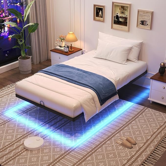 Awesofurni Floating Bed Frame Twin Size, Twin Bed Frame with Smart LED Lights, Heavy Duty Modern Metal Platform Bed No Box Spring Needed - Easy Assembly and Noise Free