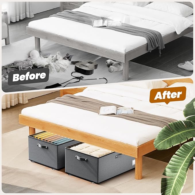 Dayacoco Under Bed Storage With Wheels,10 Inches Under Bed Storage Containers,65L Large Capacity,No Assembly Required Rolling Under Bed Storage for Clothes,Blankets,Shoes,Grey