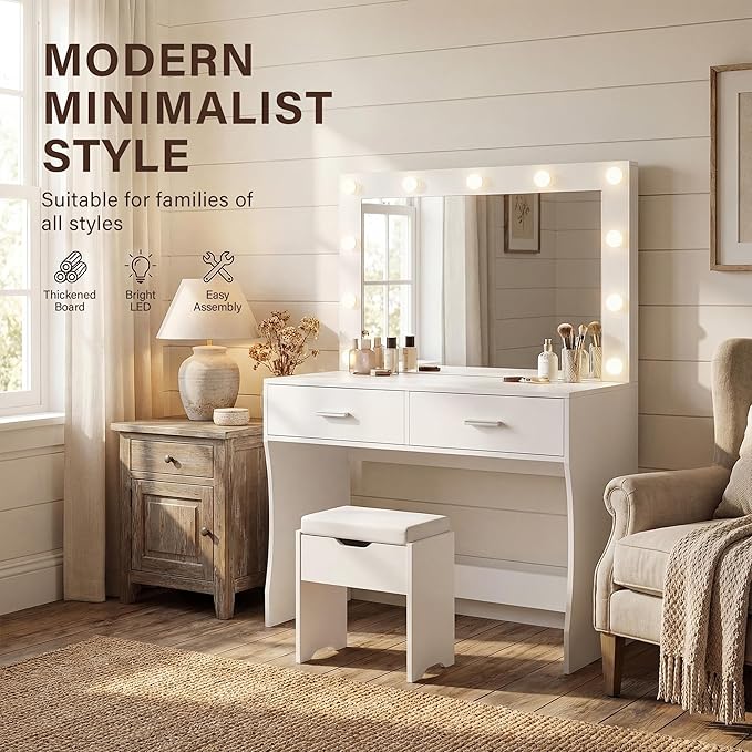 YESHOMY Vanity Desk with Mirror,Makeup Vanity Table with 11 Adjustable Lights and 2 Spacious Drawers,3 Lighting Modes with Control&Soft-Padded Storage Stool,Modern Bedroom Vanity Set, Pure White