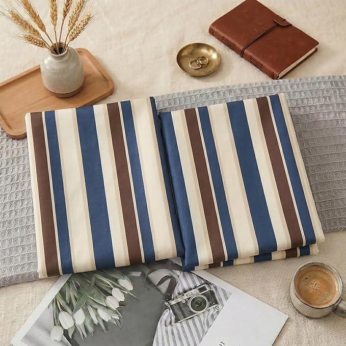 Merryword 100% Cotton Pillow Cases, Queen Size Pillowcases, Blue Striped Pillowcases, Luxury Linen Like Pillowcase, Soft Breathable Cabana Stripes Pillow Covers, Set of 2