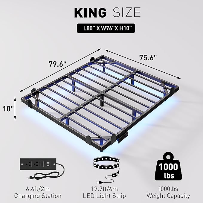 qimamo 10 Inch Floating King Bed Frame with Smart LED Lights and Charging Station, Modern Metal King Bed Frame, Easy to Assemble, No Box Spring Needed
