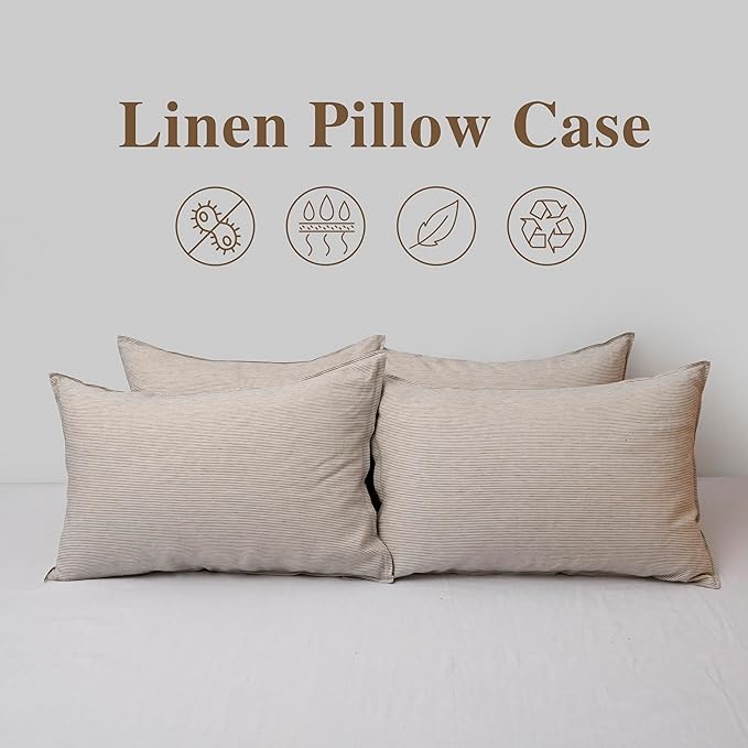 CHUFFED Linen Pillow Cases 2 Pack 100% Linen Standard Pillowcases, Breathable and Cooling Washed Pillow Shams with Zipper Closure, 20x26 Inches,Grey Stripe