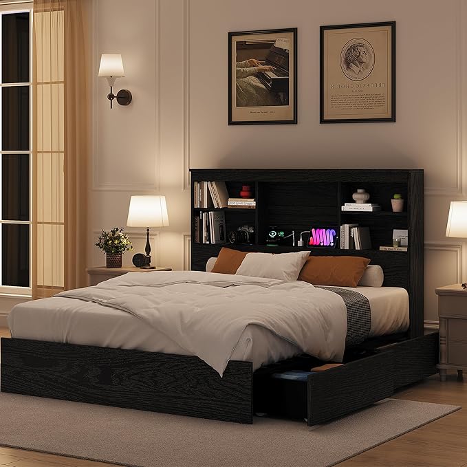 GarveeHome Full Size Bed Frame with High Storage Bookcase Headboard, Wood Bed Frame with 4 Storage Drawers, Built in Charging Station, No Box Spring Needed, Metal Frame, Noise-Free, Vintage Black