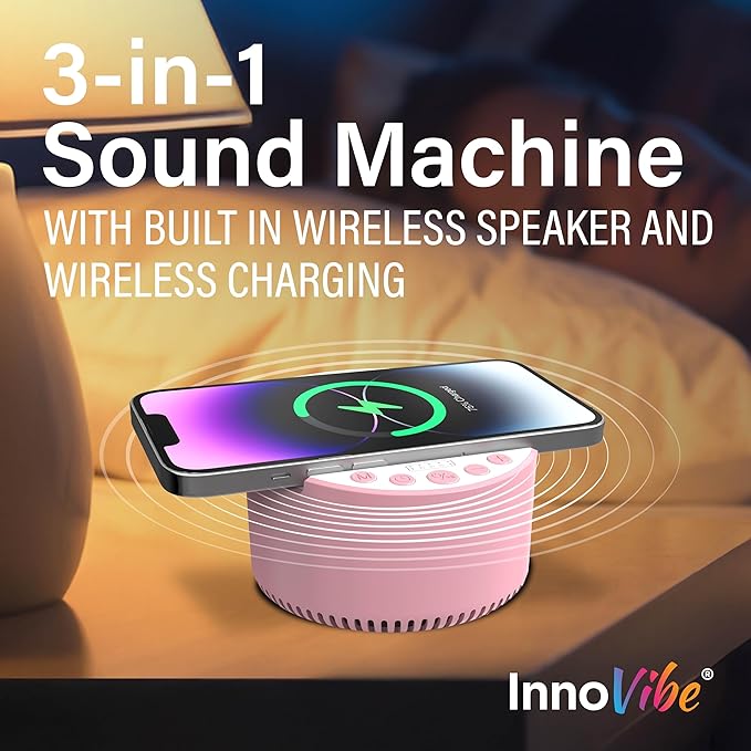 InnoVibeSound Machine with Wireless Charger & Bluetooth Speaker – White Noise Sleep Aid with Memory Function, 6 Soothing Sounds, 3 Timer Modes – Compact Bedside Relaxation Device, Pink