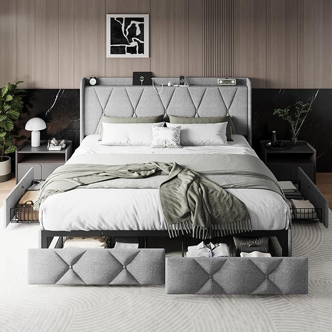 Einhomn King Size Bed Frame with 4 Storage Drawers and Charging Station, Upholstered Platform Bed Frame with Storage Headboard, No Box Spring Needed, Easy Assembly, Light Grey