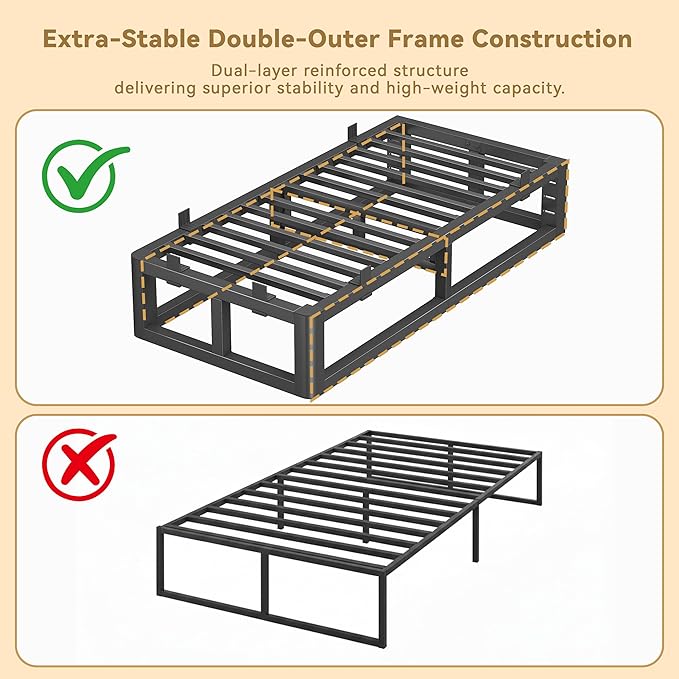 14 Inch Twin Bed Frames with Rounded Corner and Headboard Hole, Metal Platform Bed Frames 6 Non-Slip Guards, 3500lbs Heavy Duty Steel Slat Support, Squeak Free, No Box Spring Needed, Black
