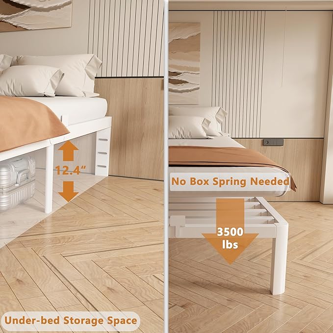 14 Inch Twin Size Bed Frame with Metal Gaskets, No Box Spring Needed, DIY Headboard, Heavy Duty Steel Slat Support, Anti-Slip Mattress Stopper, Round Corner Leg, Easy Assembly, White