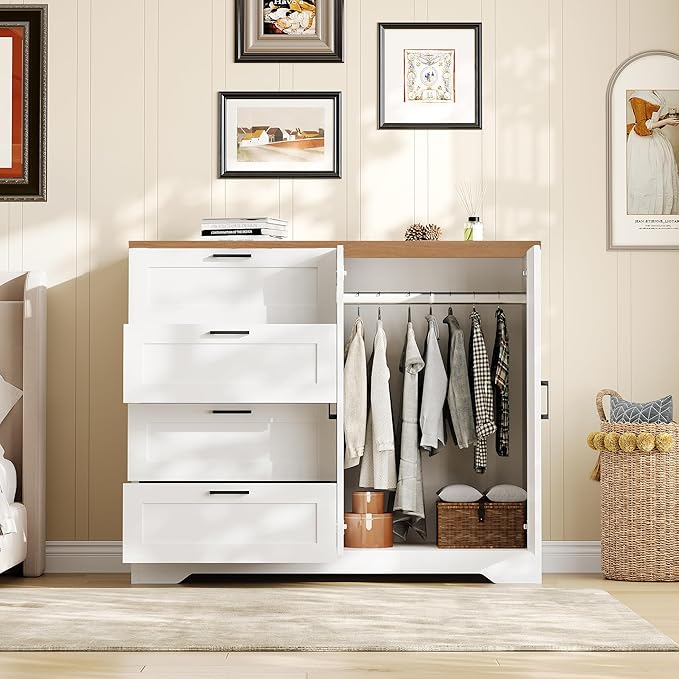GarveeHome Multifunctional Wooden Dresser for Bedroom, 43.3 in H 2 Door Wardrobe Armoire Closet with 4 Drawers and Hanging Rod, Low Storage Cabinet for Hanging Cloth, White