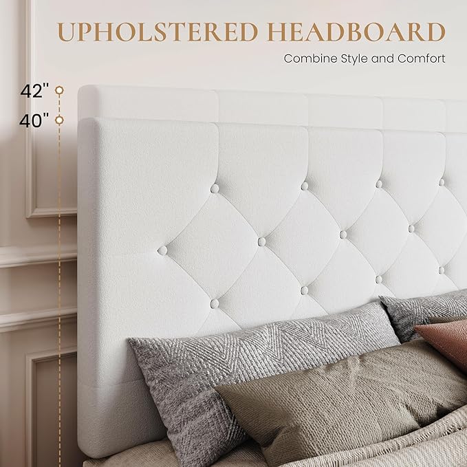 SHA CERLIN Full Size Platform Bed Frame with 4 Oversized Storage Drawers, Adjustable Headboard with Velvet Upholstery, Square Button Tufted Design, Wooden Slat Support, No Box Spring Needed, White