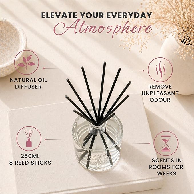 Wavertree & London Natural English Rose Scented Reed Diffusers Set - Long Lasting Aromatherapy Air Freshener Diffuser with Sticks for Home & Office | 250ml Scented Diffuser with 6 Months Scent Life
