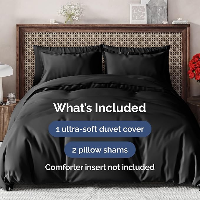 Duvet Cover Queen Size Set - Extra Soft Queen Duvet Cover 90" x 90" with 2 Pillow Shams - Hotel Luxury, Easy Care and Fade Free w/ Zipper Closures & Ties - All Season, Comfy, Cozy & Breathable (Black)