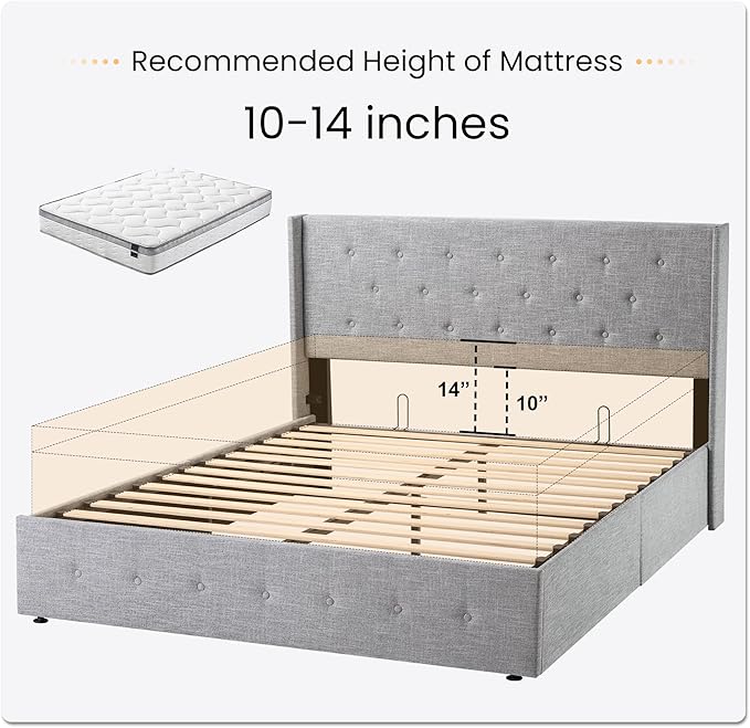 SHA CERLIN Queen Size Lift Up Storage Bed Frame,Button Tufted Wingback Headboard,Upholstered Platform,Hydraulic Storage,Wooden Slat Support,No Box Spring,Light Grey