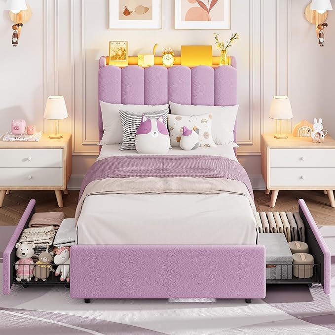 Garvee LED Twin XL Bed Frame with Storage Headboard, Kids Bed Frame with 2 Drawers, Boucle Upholstered Platform Bed for Girls, Chic Wavy Headboard with Bookcase, No Box Spring Needed, Purple
