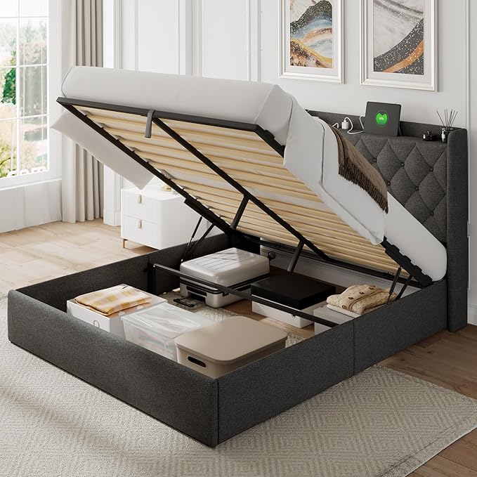 Feonase Full Size Bed Frame with Storage & Charging Station - Hydraulic Lift Up Platform Bed, Upholstered Button Tufted Headboard, Sturdy Wooden Slats, Noise-Free, No Box Spring Needed, Dark Gray