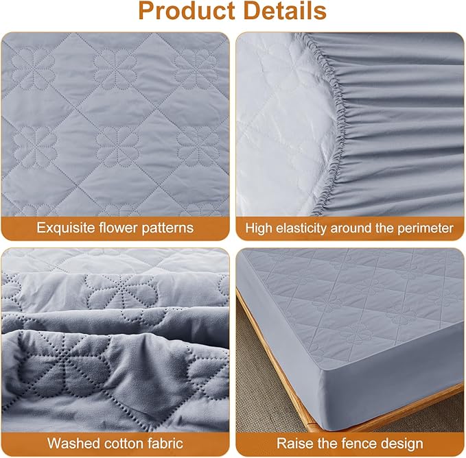 Waterproof Mattress Protector, Noiseless Queen Size Mattress Pad with Deep Pocket Fitted Up to 6-12 inches, Soft Breathable Dirt-Proof Bed Mattress Cover Washable for Bedroom, Hotel(1, Gray, Queen)