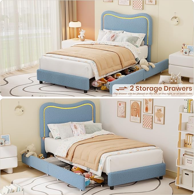 GarveeHome Upholstered LED Twin Bed Frames for Kids with 2 Drawers and Headboard, Cute Twin Bed with Storage for Girls, Boys, Sturdy Platform Bed, No Box Spring Needed, Wooden Slats, Noise Free, Blue