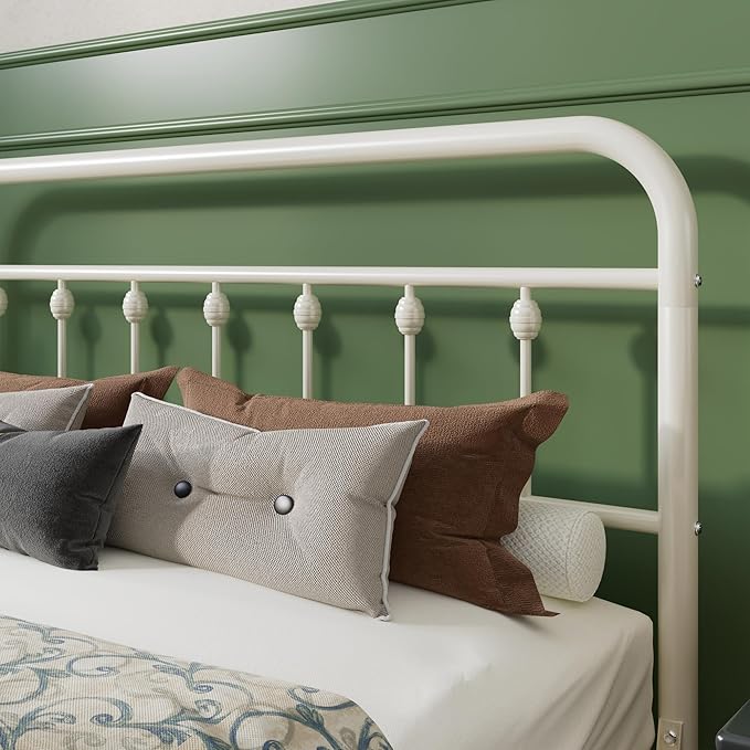 SHA CERLIN Queen Size Metal Platform Bed Frame with Victorian Style Iron-Art Headboard and Footboard, Easy Assembly, Under Bed Storage, No Box Spring Required, Off White