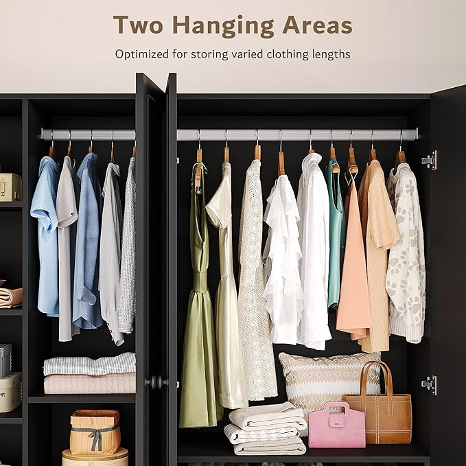 iPormis 4 Doors Armoire Wardrobe Closet with 2 Drawers, 63" Large Wardrobe Cabinet with Removable Hanging Rods and Adjustable Shelves, Closet Storage Cabinet for Bedroom, Cloak Room, Black