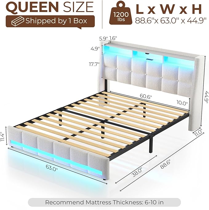 Rolanstar Queen Size Bed Frame with LED Lights and Charging Station, Upholstered Headboard with 2-Tier Storage Shelves, Heavy Duty Metal Frame, Noise-Free Support, Easy Assembly, No Box Spring Needed