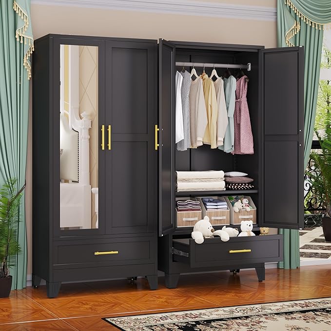 GAIOUS Steel Armoire Wardrobe Closet with Mirror Doors, 71" Household Wardrobe Cabinet with Hanging Rod and Drawer, Metal Clothing Storage Cabinet with Adjustable Shelf for Bedroom, Cloak, Gym(Black)