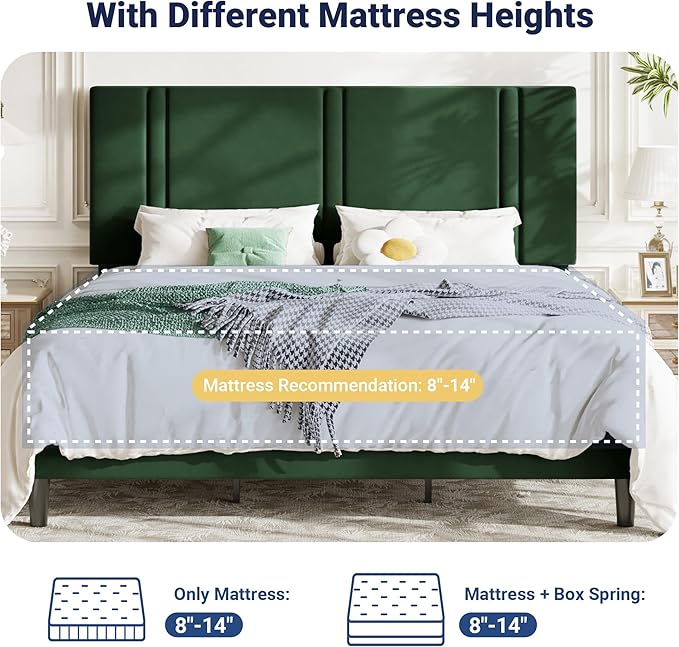 Allewie King Size Platform Bed Frame with Adjustable Headboard, Plush Velvet Upholstered, Vertical Channel Tufted, Sturdy Wooden Slats, No Box Spring Needed, Easy Assembly, Green
