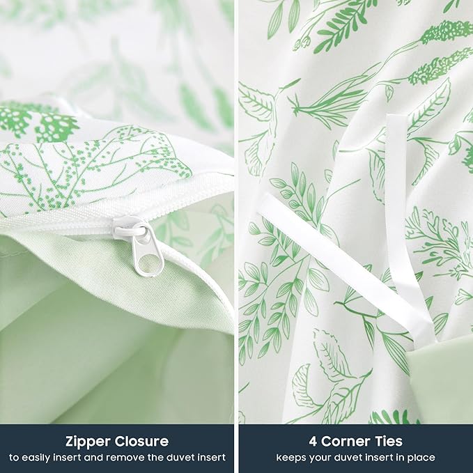 Wake In Cloud - Floral Duvet Cover Set, Botanical Vintage Flower Coquette Cottagecore Aesthetic for Women Teen Girls, Soft Lightweight Bedding, 3-Piece, Light Green, Queen Size