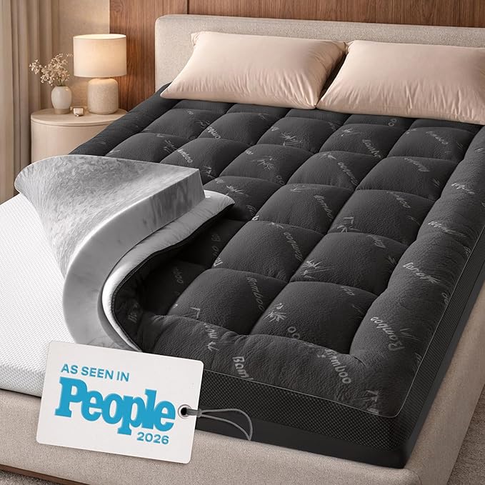 Dual-Layer 4 Inch King Size Mattress Topper - 2” Memory Foam + 2” Viscose Made from Bamboo Mattress Pad - Double the Comfort & Back Support - Removable & Machine-Washable Cover, Dark Gray