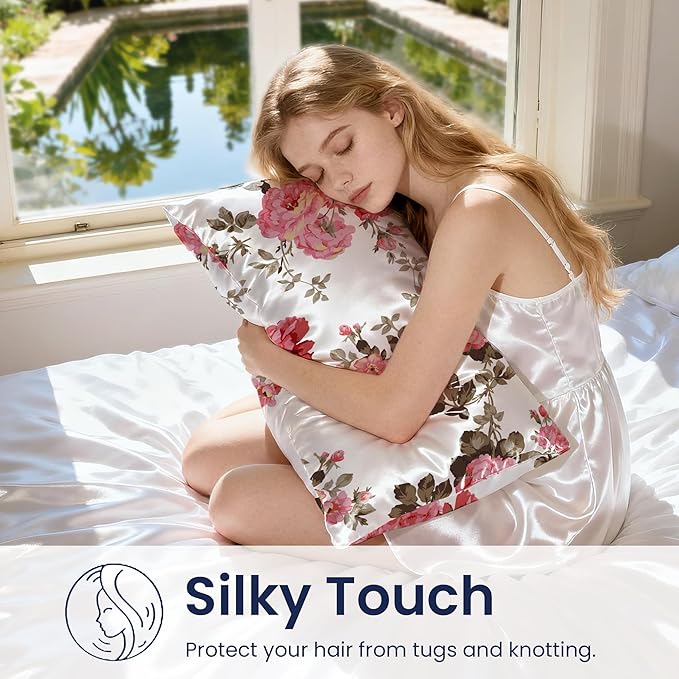 EXQ Home Satin Pillowcase for Hair and Skin King - Printed Spring Flowers Silk Pillowcase 2 Pack 20x40 inches - Satin Pillow Cases Set of 2 with Envelope Closure, Gifts for Women Men