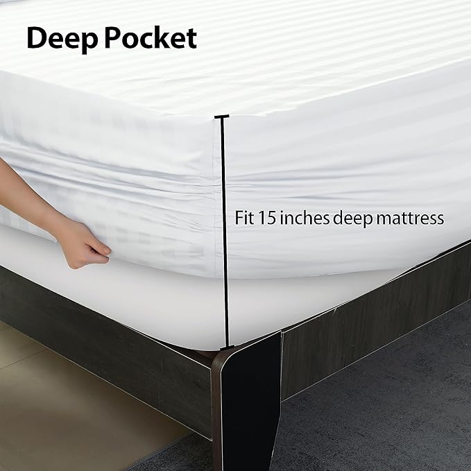 2-Pack Pure Cotton Fitted Sheet King Size, 600 Thread Count 16" Deep Pocket Egyptian Cotton Fitted Sheet (2pcs, King, Stripted White)