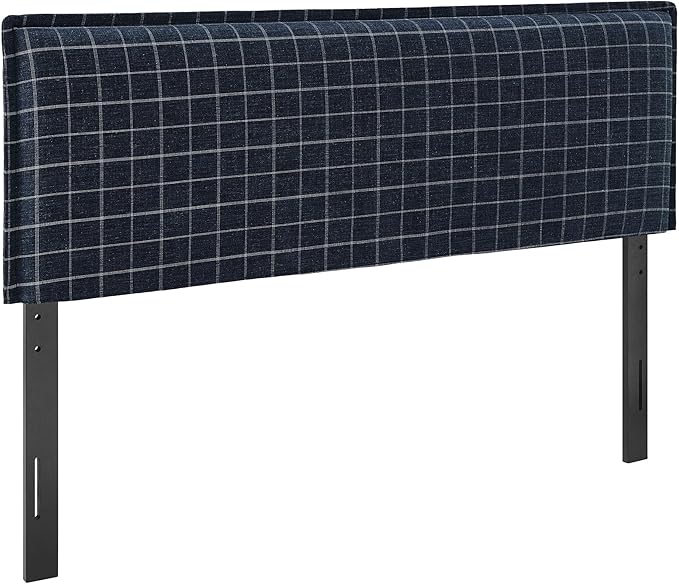 Modway Camille Full Size Checkered Linen Blend Plaid Headboard with Removable Slipcover – in Denim Windowpane Check - Padded Pillow Style Headboard with Adjustable Mounting for Full Beds
