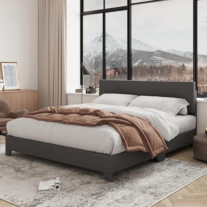 Allewie Full Size Bed Frame with Adjustable Headboard, Upholstered Platform Bed with Wood Slats, Heavy Duty Mattress Foundation, No Box Spring Needed, Noise-Free, Easy Assembly, Dark Grey