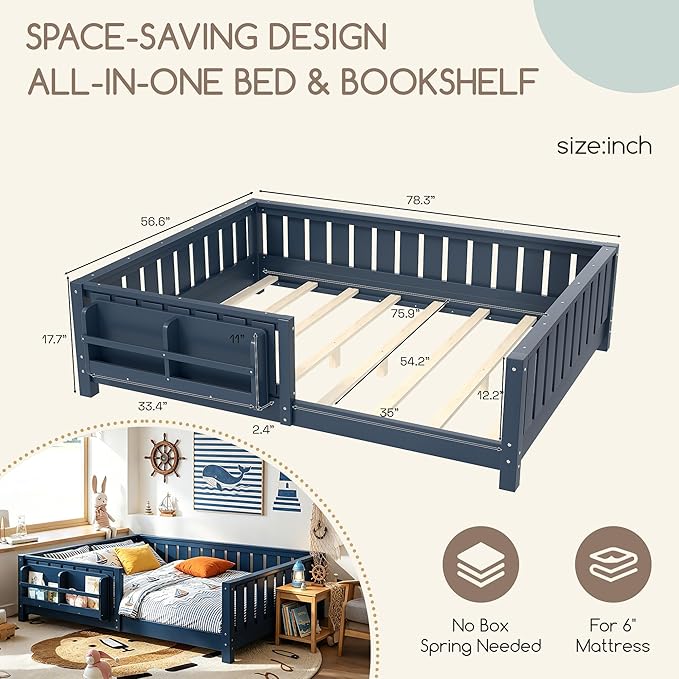 Bellemave Full Size Floor Bed Frame with Fence & Bookshelf, Solid Pinewood Montessori Floor Bed Full with Slats Load 550LBS, Low Profile Floor Bed for Kids, Bedroom, Nursery, Easy Assembly, Blue