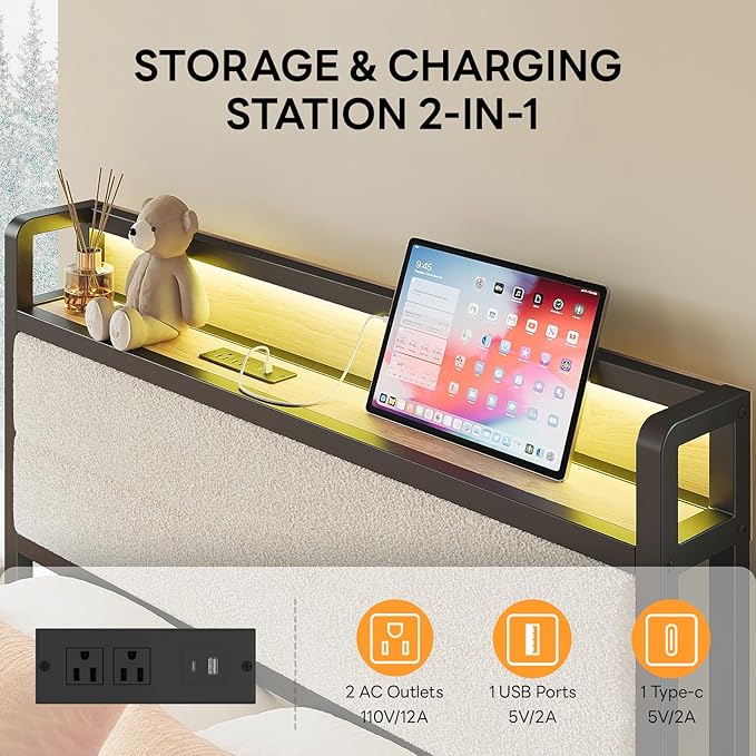 LIKIMIO Twin XL Bed Frame with Storage Headboard and LED Lights, Metal Platform Bed with Charging Station, Noise Free, No Box Spring Needed, Under Bed Storage, Natural and Cream
