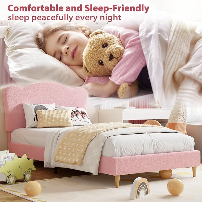 GarveeHome Upholstered Full Size Bed Frame for Kids with Scallop Headboard, Cute Velvet Full Bed for Girls, Boys, Sturdy Platform Bed, No Box Spring Needed, Wooden Slats, Noise Free, Pink