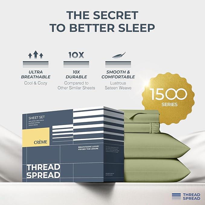 THREAD SPREAD 100% Egyptian Cotton King Size Sheets Set - Luxury 1500 Series Egyptian Cotton Sheets King Size (4 PC, Sage Green), Silky Soft, Sateen, Cooling & Breathable, 17" Deep Pocket Bed Set