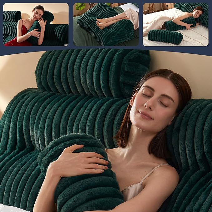 Rycwola Faux Fur Headboard Pillow with 2 Pack Neck Roll Pillow Large Headboard Pillow Soft and Supportive with Removable Cover (Green, Full)