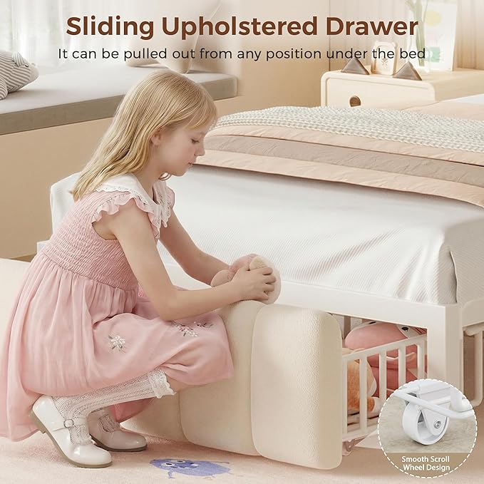 Jocoevol Twin Bed Frames with Storage Headboard for Kids, Upholstered White Bed Frame Twin Size with Storage Drawers and Charging Station,Velvet Platform Metal Bed, Noise-Free, No Box Spring Needed