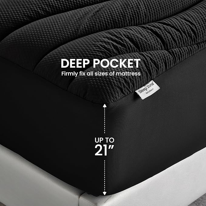 SLEEP ZONE Cooling Mattress Topper California King, Premium Zoned Cool Mattress Pad Cover, Padded Mattress Protector Breathable Washable, Deep Pocket 8-21" (Black, Cal King)