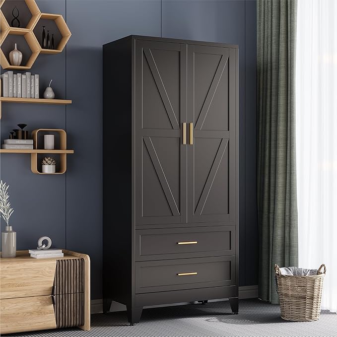 COFaR Black Metal Wardrobe Closet with 2 Drawers, 71" Steel Armoire Cabinet with Hanging Rod & Adjustable Shelf, Modern Freestanding Closet Organizer with Doors