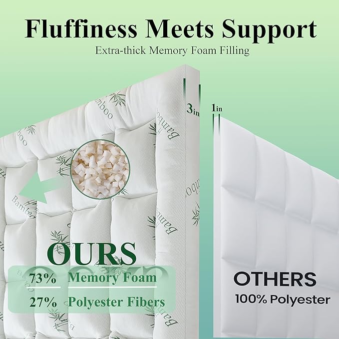 ELNIDO QUEEN® 3 Inch Memory Foam Mattress Topper Twin Size - Cooling Breathable Bamboo Viscose Pillow Top for Hot Sleepers, 1700 GSM Fill, Ultra Soft Mattress Pad for Back Pain Relief, 3"x39"x75"